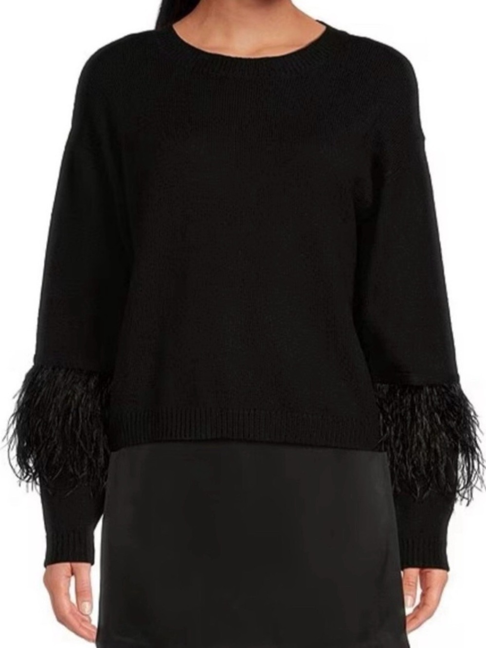 Chelsea & Violet Black Crewneck Sweater with Ostrich Feather Cuffs